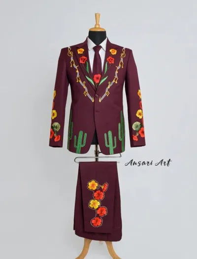 Pre-owned Art Men Mahoon 2pc Suit Custom Made Floral Embroidered Country Western Prom Outfits