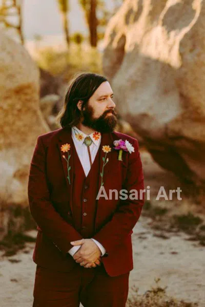 Pre-owned Art Men's Maroon 3pc Custom Made Floral Flowers Embroidered Peak Lapel Prom Py In Red