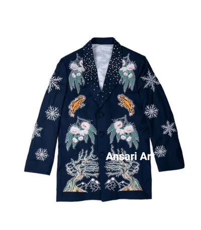 Pre-owned Art Men's Navy Blue 2pc Custom Made Country Western Floral Embroidered Prom Pys