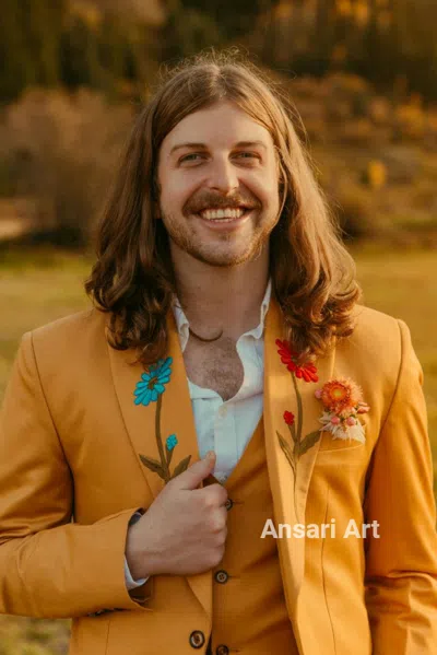 Pre-owned Art Men's Orange 3pc Custom Made Floral Flowers Embroidered Western Wedding Day Suit
