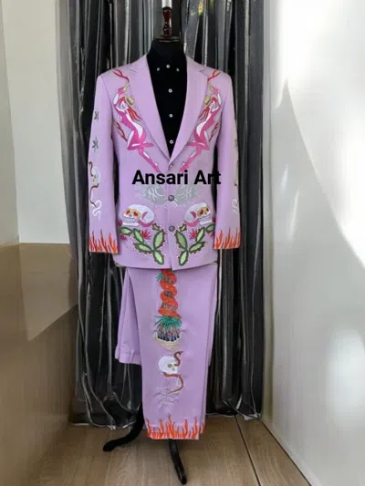 Pre-owned Art Men Pink 2pc Cowboy Country Western Nudie Suit Skeleton Embroidered Outfits