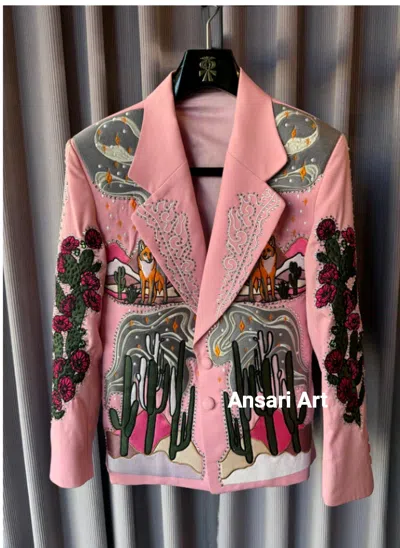Pre-owned Art Men's Pink 2pc Custom Made Embroidered Western Design Wedding Cocktail Outfits