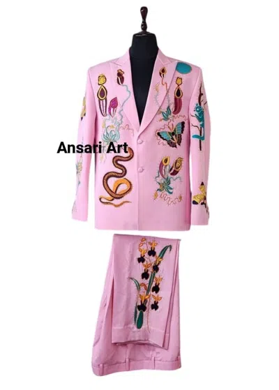Pre-owned Art Men Pink 2pc Custom Made Floral Embroidered Western Nudie Suit Wedding Outfits