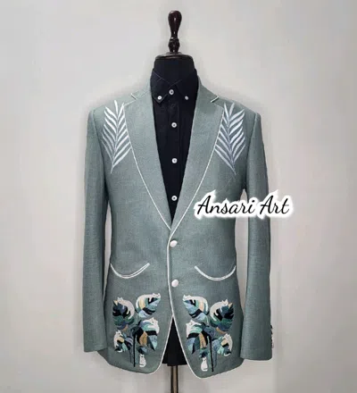 Pre-owned Art Men Premium Sea Green 2pc Bespoke Designer Western Suit Leaf Embroidered Outfits