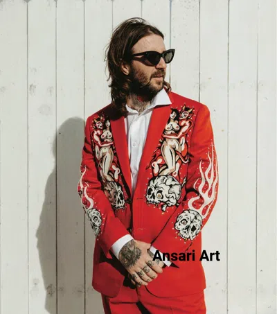 Pre-owned Art Men Red 2pc Bespoke Skeleton Flames Floral Embroidered Rhinestone Cowboy Outfits