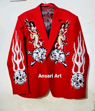 Pre-owned Art Men Red 2pc Skeleton Flames Floral Embroiderd Rhinestone Cowboy Western Outfits