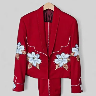 Pre-owned Art Men's Red 2pc Vintage Chain Stitch Embroidered Rhinestone Piping Western Outfits