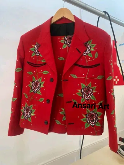Pre-owned Art Men Red Cowboy2pc Floral Flowers Vines Embroidered Rhinestone Western Nudie Suit