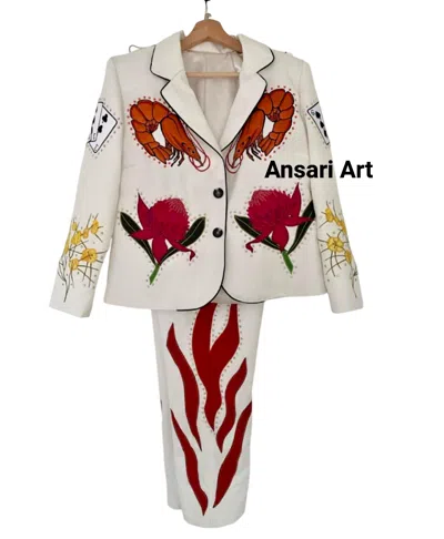 Pre-owned Art Men White 2pc Custom Made Floral Embroidered Piping Western Wedding Prom Outfit