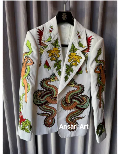 Pre-owned Art Men's White 2pc Customized Snake Embroidery Western Designer Wedding Outfits