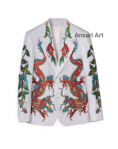Pre-owned Art Men White Cotton 2pc Bespoke Country Western Suit Vintage Dragon's Suite Outfits