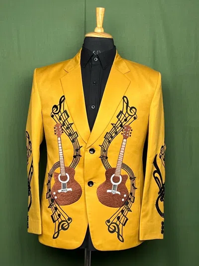 Pre-owned Art Men Yellow 2pc Custom Made Country Western Embroidered Wedding Cocktail Outfits