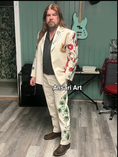 Pre-owned Art Mens Designer Suit 2pc Country Western Suit Customized Floral Hand Embroidered In White