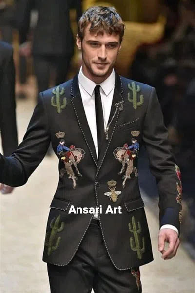 Pre-owned Art Mens Embroidered Custom Made 2pc Black Premium Cotton Notch Lapel Wedding Suite In Green