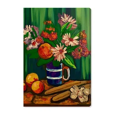 Art Remedy "floral Vase And Fruits" Giclee Floral And Botanical Canvas Art In Green