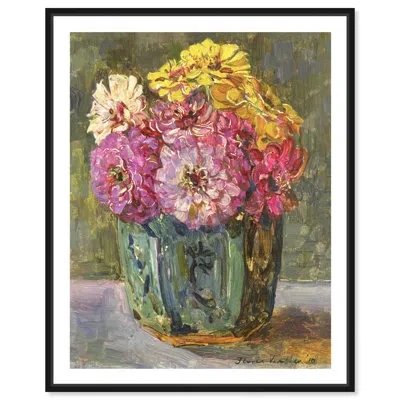 Art Remedy Still Life With Zinnias In A Ginger Pot Canvas Vintage By  In Black Framed
