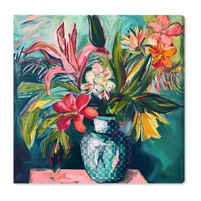 Art Remedy "vase Of Tropical Flowers" Giclee Floral And Botanical Canvas Art In Green