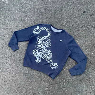 Pre-owned Art X Nike Sweatshirt Custom Hand Printed Tiger Y2k Art Animal In Blue