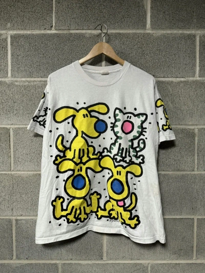 Pre-owned Art X Vintage 90's Dogs & Cats All Over Print Tee Shirt Xl In White