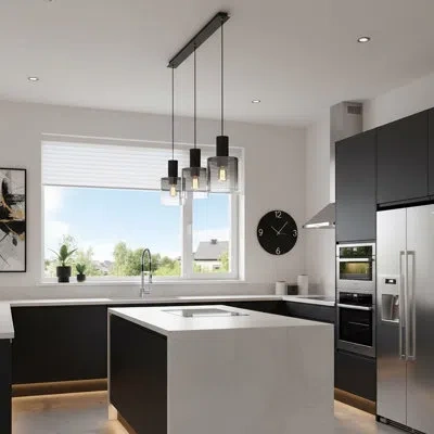 Artcraft Lighting Henley 3 - Light Kitchen Island Cylinder Chandelier In Satin Black,smoke Glass