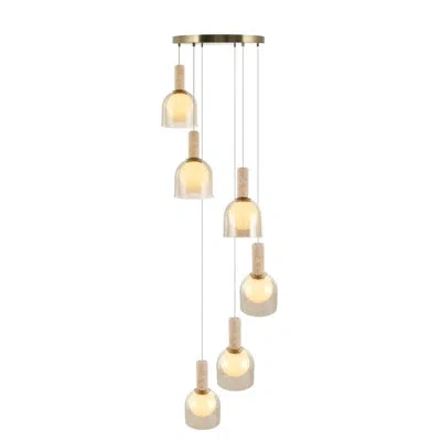 Artcraft Lighting Juna 6-light Pendant - Black With Volcanic Black Travertine - Smoke Glass In Amber,brass,travertine