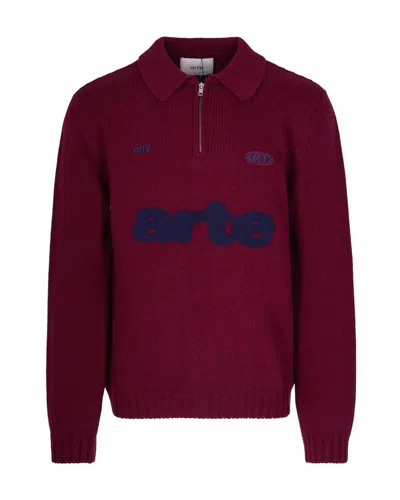 ARTE ANTWERP BORDEAUX KNITTED WOOL BLEND POLO SWEATER