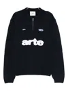 Arte Antwerp Knitted Navy Wool Blend Polo With Half-zip Closure In Black