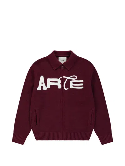 Arte Antwerp Logo-embroidered Zip-up Cardigan In Burgundy