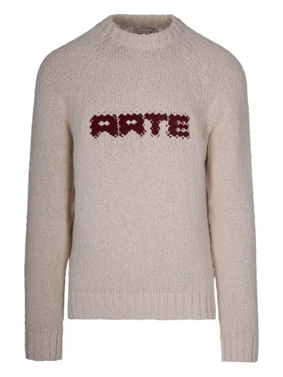 Arte Antwerp Cream Knitted Sweater With Pixel Embroidered Logo In White