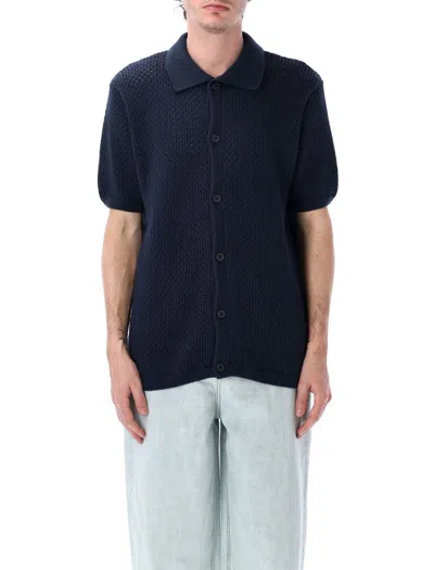 Arte Crochet Knit Button Shirt In Navy