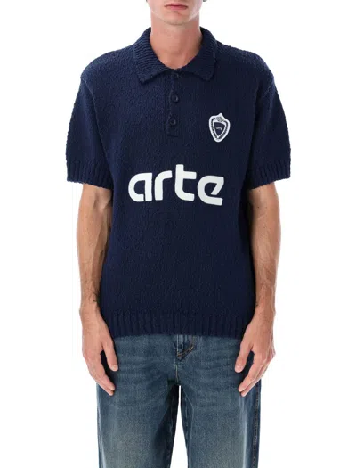 Arte Football Knit Blue Cotton Polo Sweater With Embroidered Logo