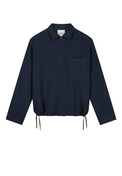 Arte Men's Long Sleeve T-shirt Linen Qur Zip Pullover Navy In Blue