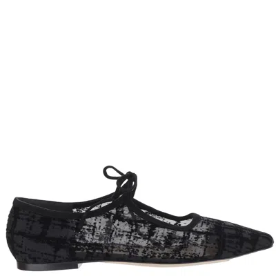Arteana Black Flocked Mesh Leather Bow Flats