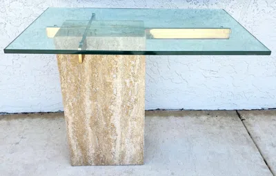 Pre-owned Artedi Travertine Side Table By , Marble And Glass, 1970s Design, Italy In Gray