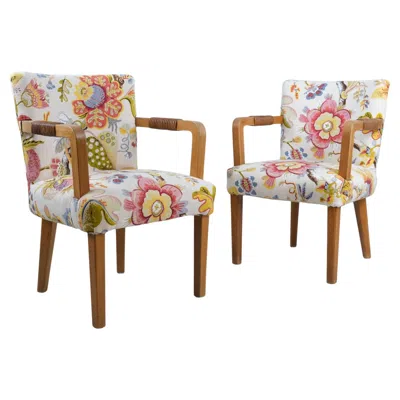 Pre-owned Artek Aino Aalto Pair Of Club Chairs In Oak, Leather, & Floral Pattern,  1940s. In Brown