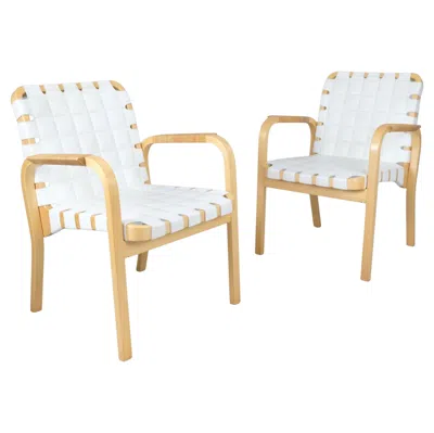 Pre-owned Artek Alvar Aalto Pair Of Armchairs 45 In Birch, Rattan, & White Leather,  1970s