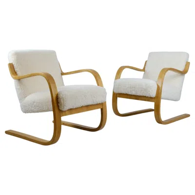 Pre-owned Artek Alvar Aalto Pair Of Sheepskin Padded Cantilever Armchairs Model 402,  1950s In Brown
