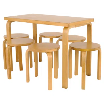 Pre-owned Artek Nordic Modern Alvar Aalto Set Of 6 L-leg Stools 60 & Table In Birch,  1930s In Brown