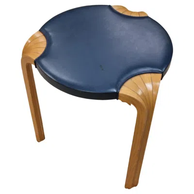 Pre-owned Artek Rare Alvar Aalto Stool X600 For  In Original Blue Leather And Birch, 1950s