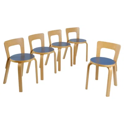 Pre-owned Artek Set Of 5 Alvar Aalto Model 65 Chairs In Birch & Blue Linoleum,  1960s