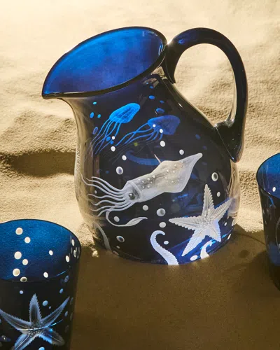 Artel Frutti Di Mare Hand-engraved Crystal Jug  Abask Luxury Gift In Blue