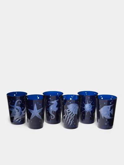Artel Sea Life Hand-engraved Crystal Tumblers (set Of 6)  Abask Gift Set In Blue