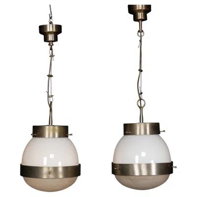Pre-owned Artemide 20thc Italian Pair Of "delta" Opaline Pendant Lights By Sergio Mazza C.1960 In Transparent