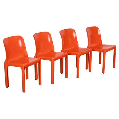 Pre-owned Artemide Set Of 4 Orange Selene Chairs By Vico Magistretti For , Italy 1969