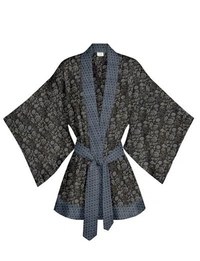 Artemis Muse Women's Black / Blue / Grey One Of A Kind Recyled Sari Kimono Unique One Hundred And Four In Gray