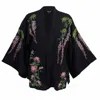 Artemis Muse Women's Black / Pink / Purple Wisteria & Chrysanthemum Embroidered Black & Pink Fully Lined Short Ki