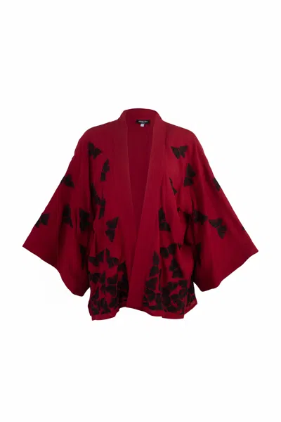 Artemis Muse Women's Black / Red Black Embroidered Butterflies Wine Short Kimono