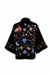 Artemis Muse Women's Black Regal Floral & Bird Embroidery Velvet Luxury Kimono In Black