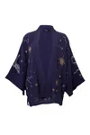Artemis Muse Women's Blue Cosmos Embroidered Navy, Ivory & Gold Fully Lined Short Kimono In Blue