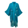 Artemis Muse Women's Blue Origami & Hokusai Wave Embroidered Fully Lined Deep Teal Long Kimono In Blue